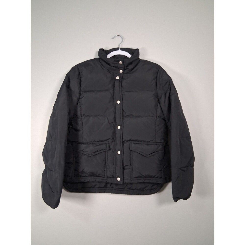 J Crew Coat Womens Large Down Feathers Puffer Full Zip Full Snap Cozy Warm Black
